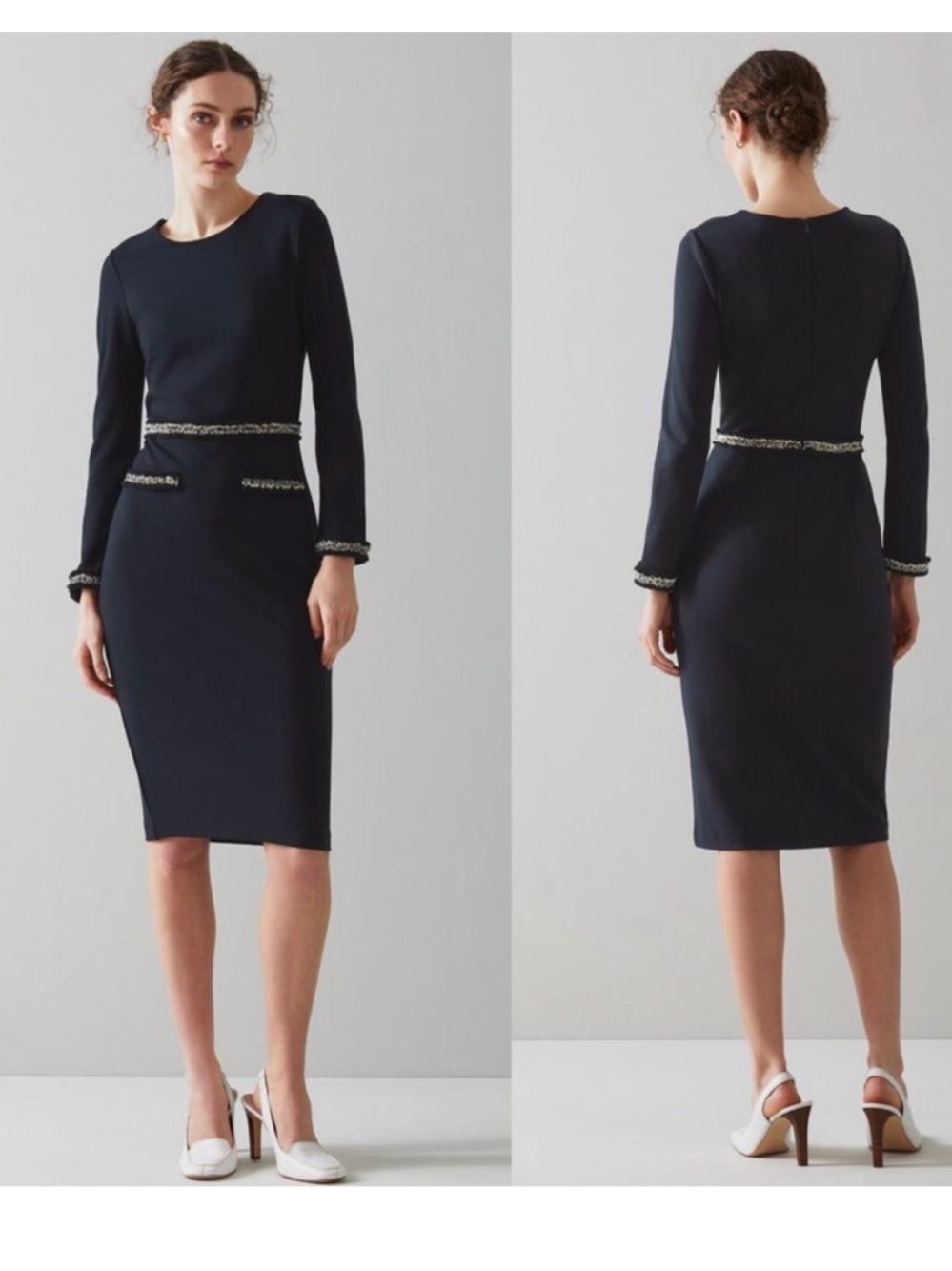 L.K. Bennett Vinnie Navy Jersey Tweed Trim Shift Dress 10